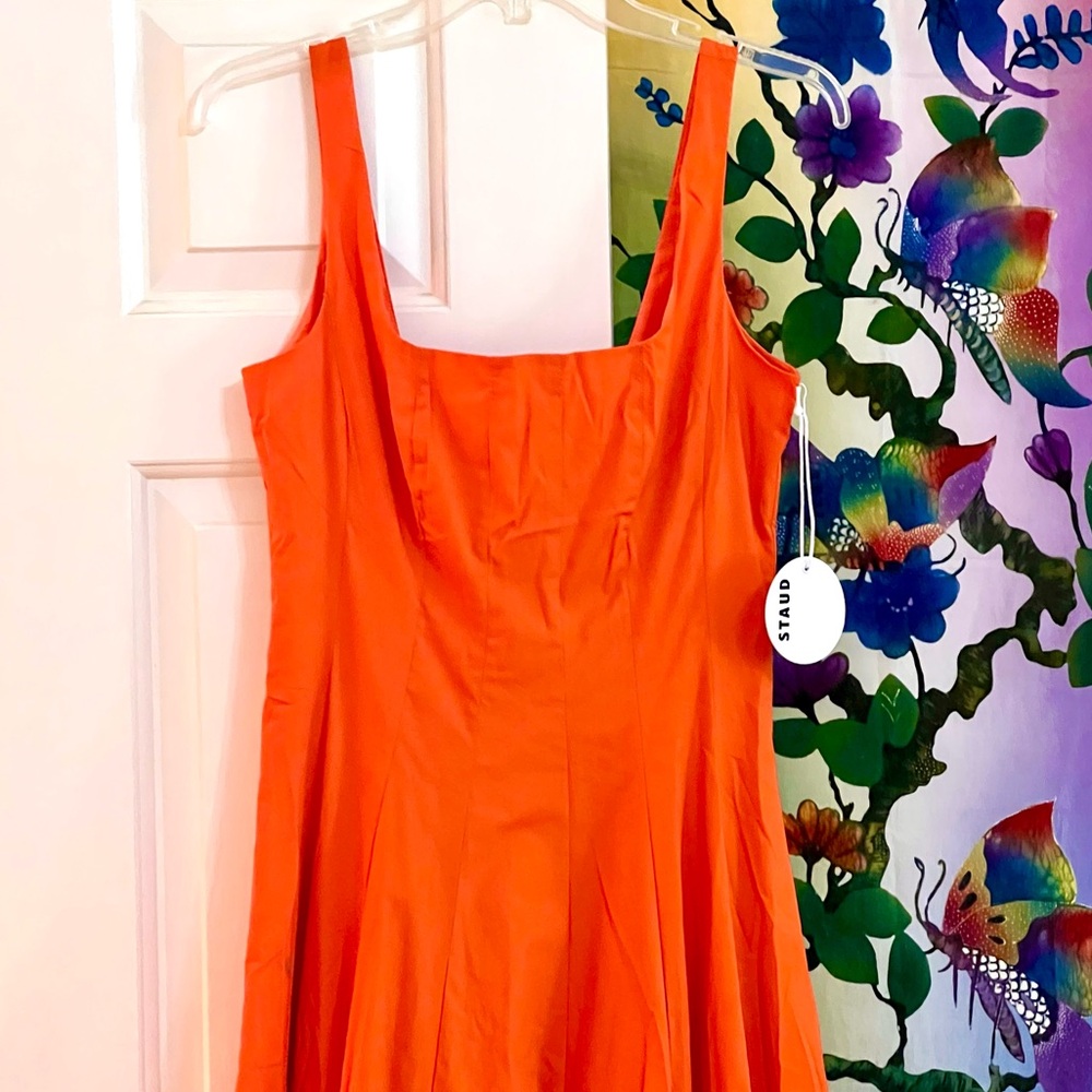 🌺🎉HP🎉🌺 NWT Staud Wells Midi Dress Tangerine - Picture 8 of 14
